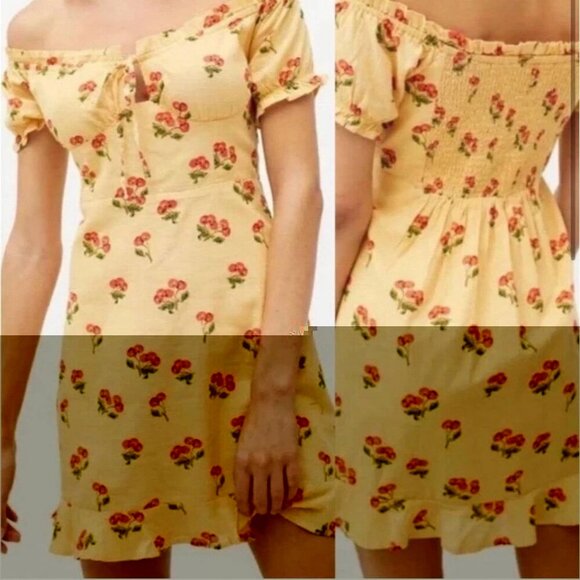 Urban Outfitters Magpie Mini Dress Small Cherry Cotton Off Shoulder Cotton Girly - Picture 1 of 7